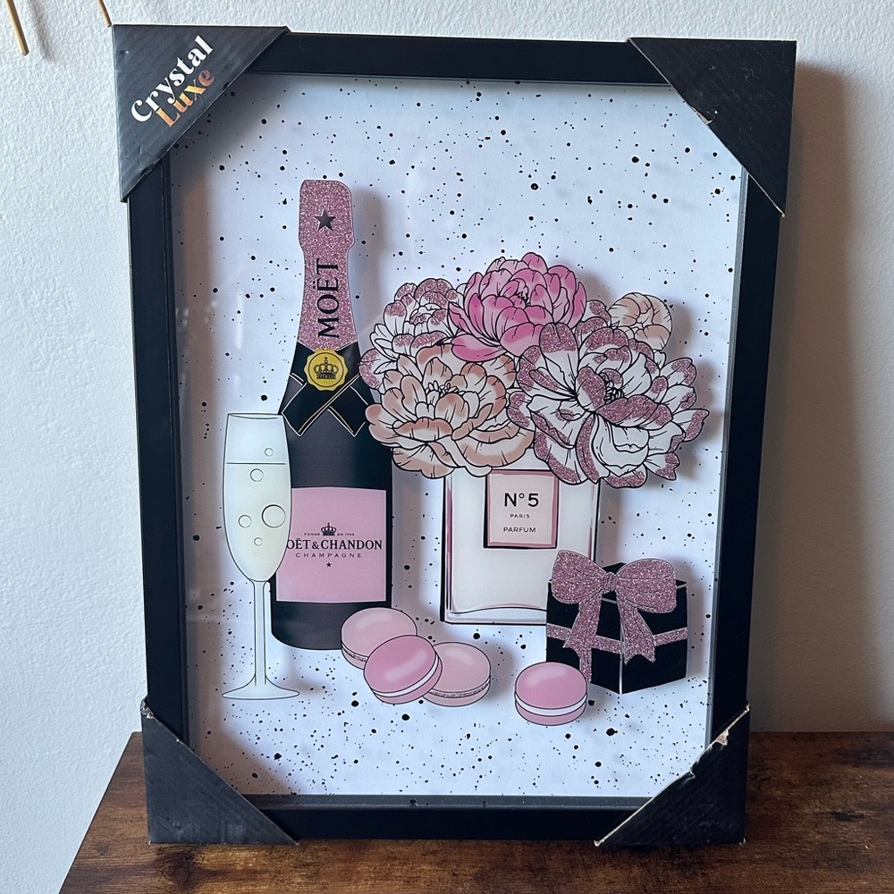Luxury Designer Framed Art Print Flower and Champagne Glass Wall Decor NWT